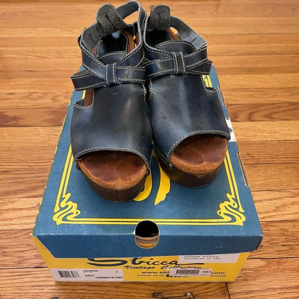 Sbicca Vintage Collection Unison Navy Leather Platform Clog Sandals Size 7 Boho - Picture 3 of 10